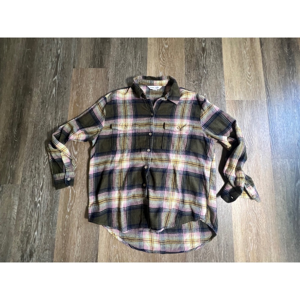 Old Navy Flannel Boyfriend Shirt Women Size S Olive Pink Plaid Button Up